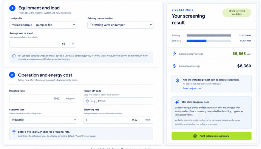 Actual CalculateEnergySavings.com Motor and VFD calculator showing a variable-torque pump or fan, operating assumptions, and estimated annual energy and cost savings