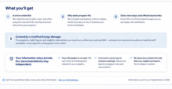 Actual GetEnergyRebates.com summary showing a ranked list, why each program fits, next steps, source links, and curation details